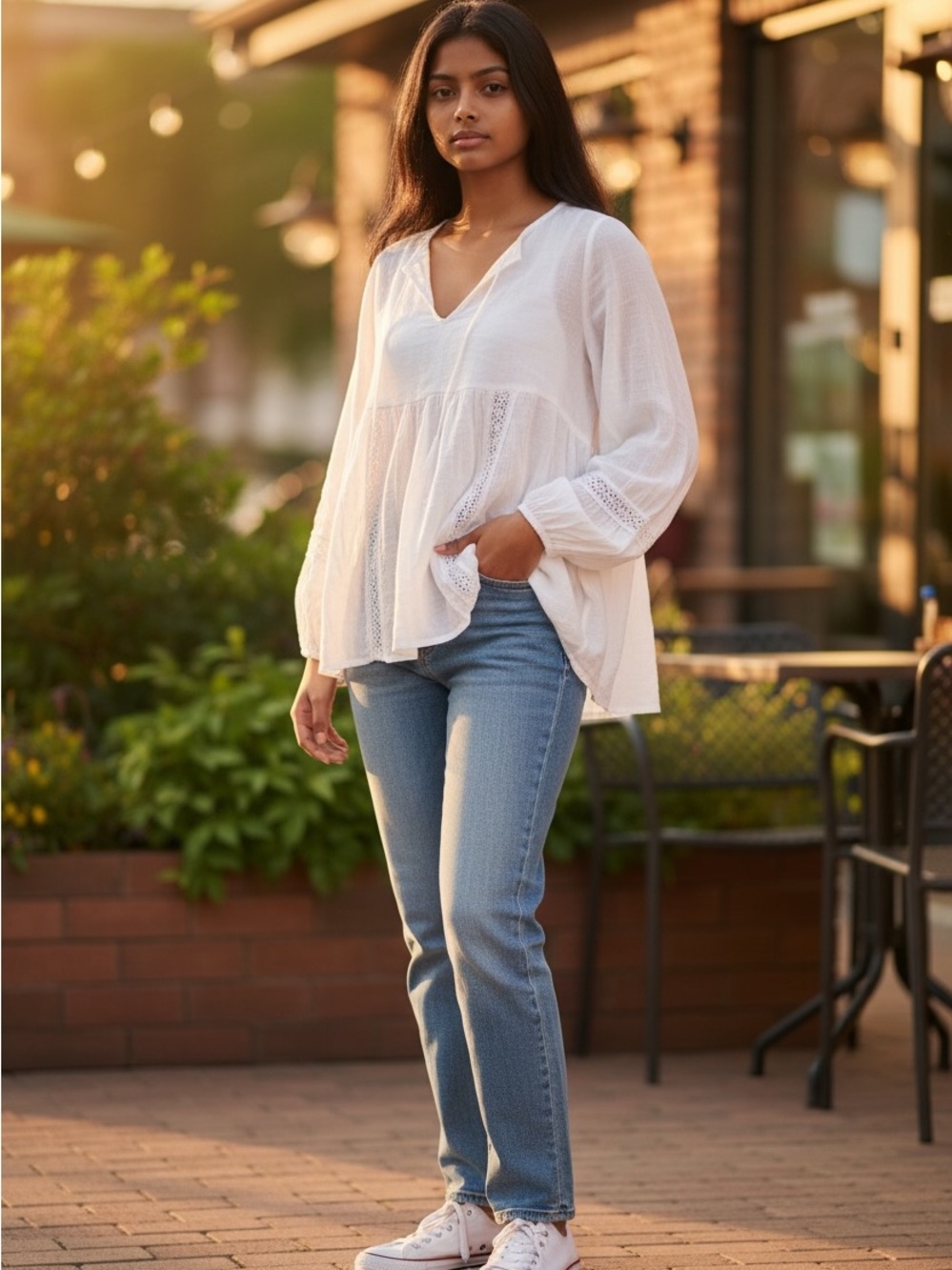 Counterparts White Peasant Blouse with Lace Insets